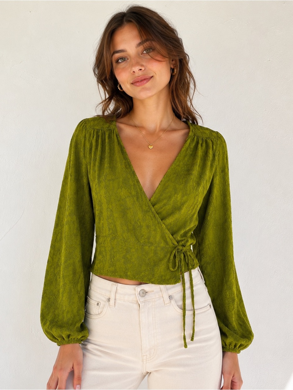 LACAUSA Olive Jacquard Wrap Tie Blouse Boho Forest Fairy Earthy Sz M